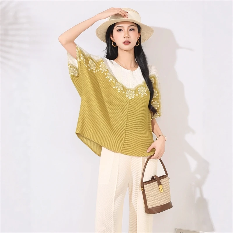 LANMREM Colorblock Printting Pleated Loose Women's T-Shirt Round Neck Casual Versatile Short Sleeve Elastic Pullover Top 2DB4506 - Image 4