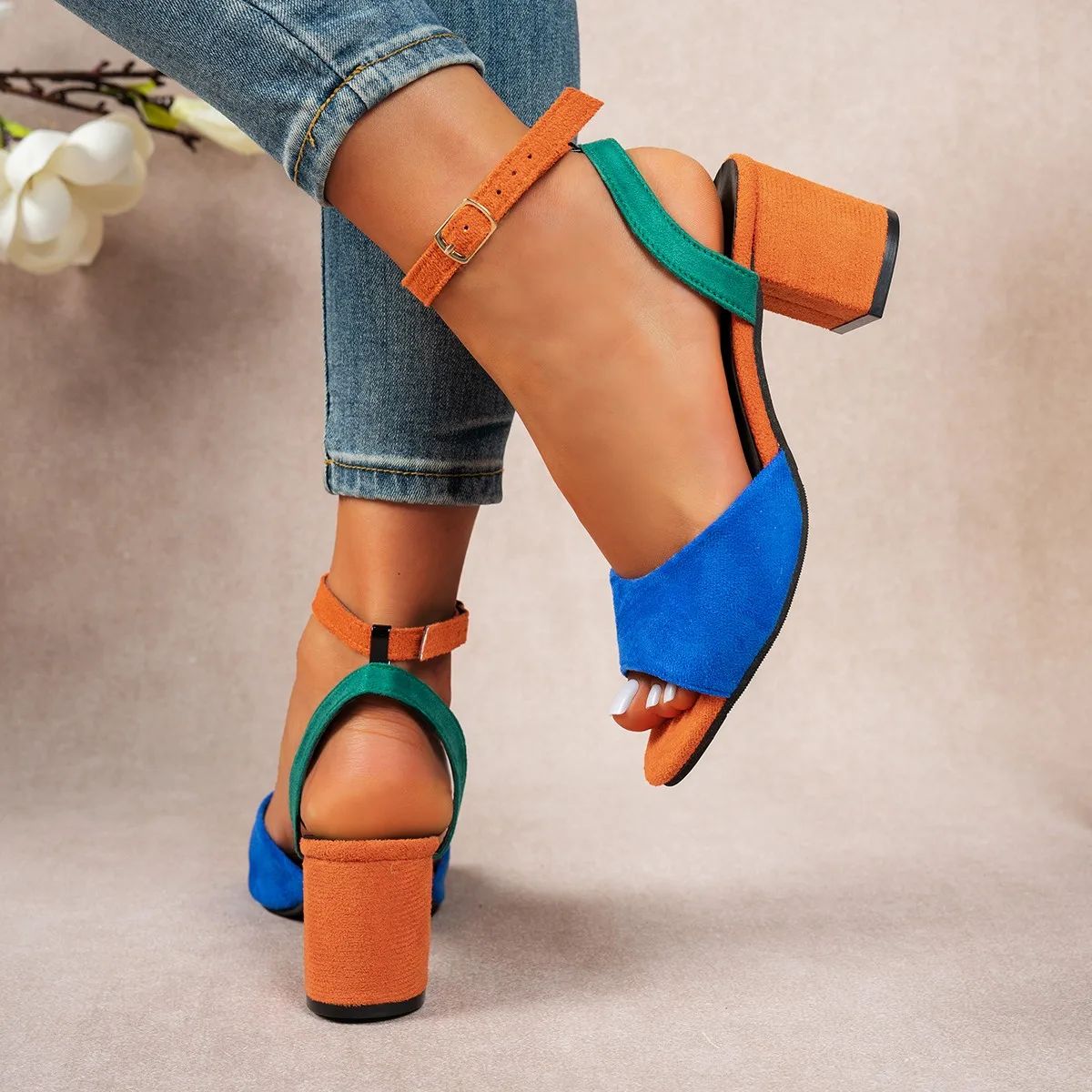 Fashion Block Heel Slingbacks Women Color Match Open Toe Pumps Elegant Office Ladies High Heels Women's Comfortable Sandals