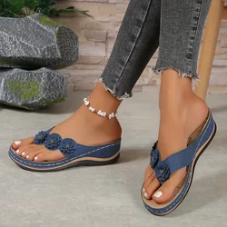 Women's Floral Beach Flip - Flops - Comfy Summer Slip - On Slides, Versatile Outdoor Footwear - 38 (Navy Blue)