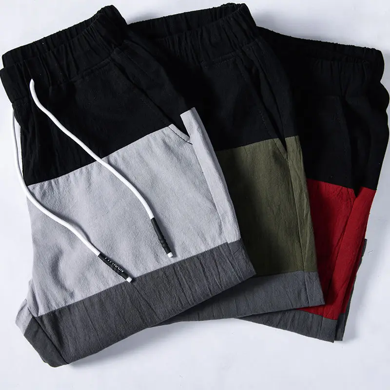 2023 Summer Contrast Color Elastic Waist Loose Casual Drawstring Straight Pants Man Thin Style Breathable Cotton Motion Shorts