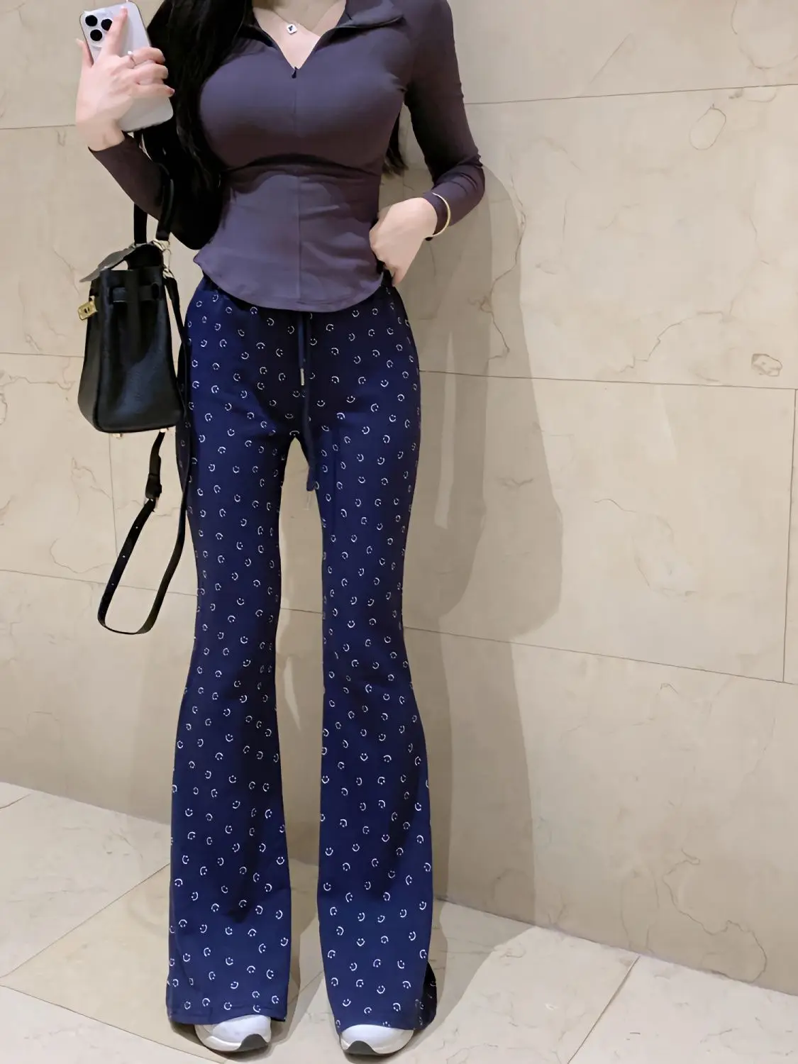 

Women's casual pants navy blue high waisted slim fitting wide leg pants with printed smiling face flared pants