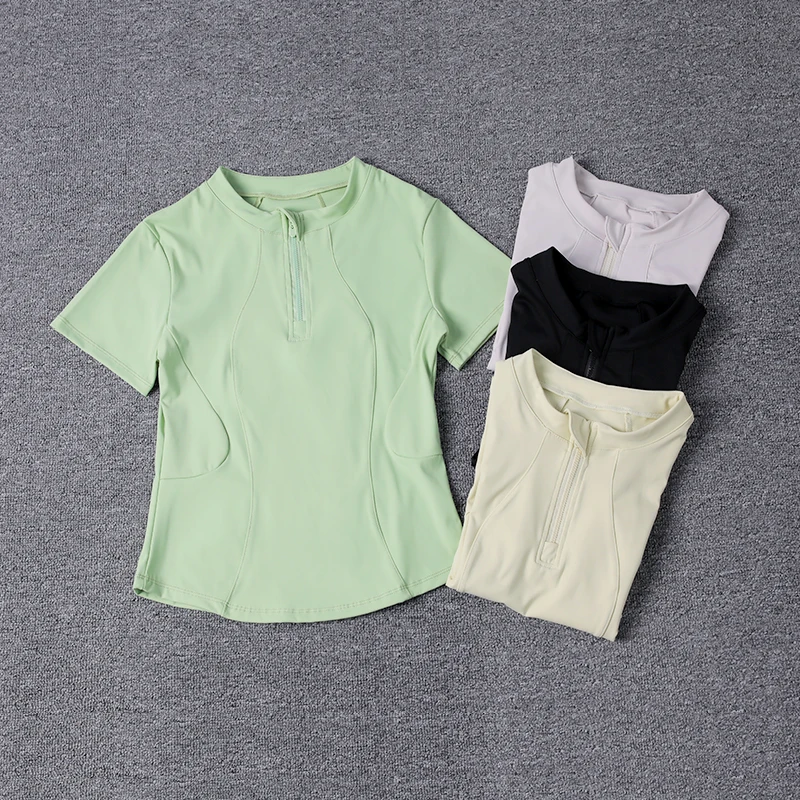 2024 halber Reiß verschluss Rundhals ausschnitt Sport Laufen Kurzarm Yoga T-Shirt Modedesign schmal geschnittenes Crop T-Shirt für Frauen
