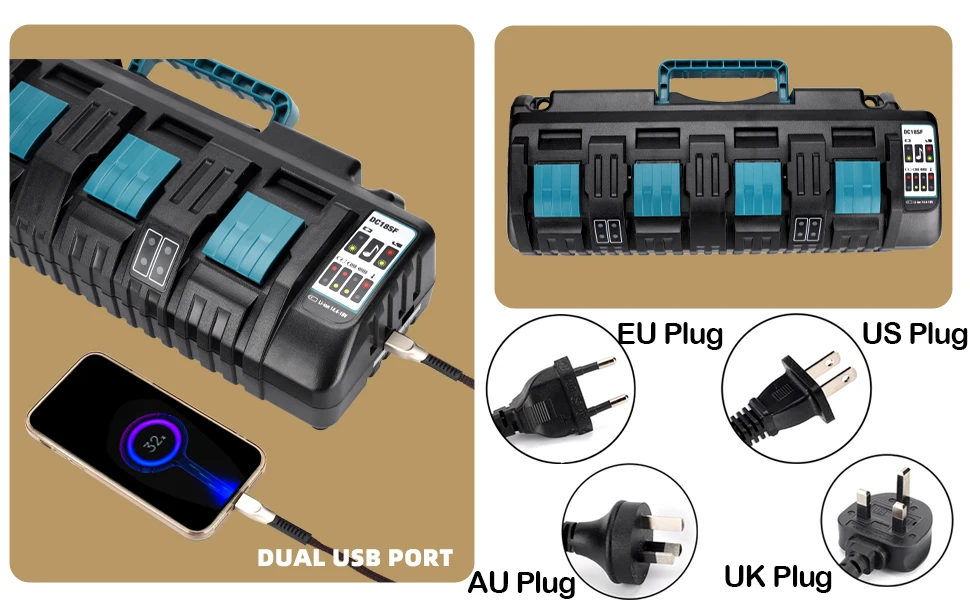 For Makita Battery Charger 14.4V-18V LXT Lithium‑Ion 4-Port Battery Charger Rapi