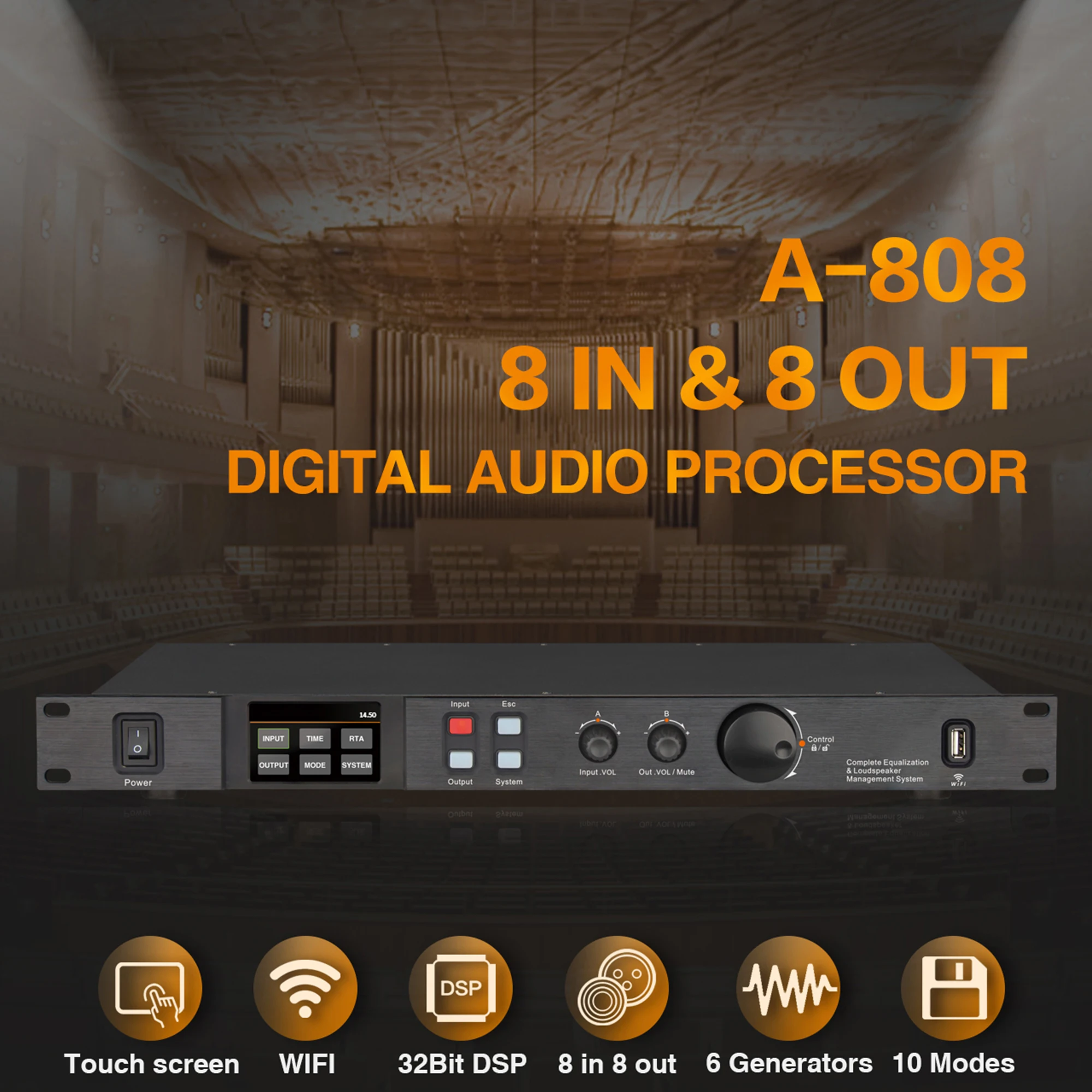 Paulkitson A808 Processor Digital Professional Audio Processor 8 In 8Out 32Bit DSP 7Band EQ Equalizer WIFI USB Without Noise