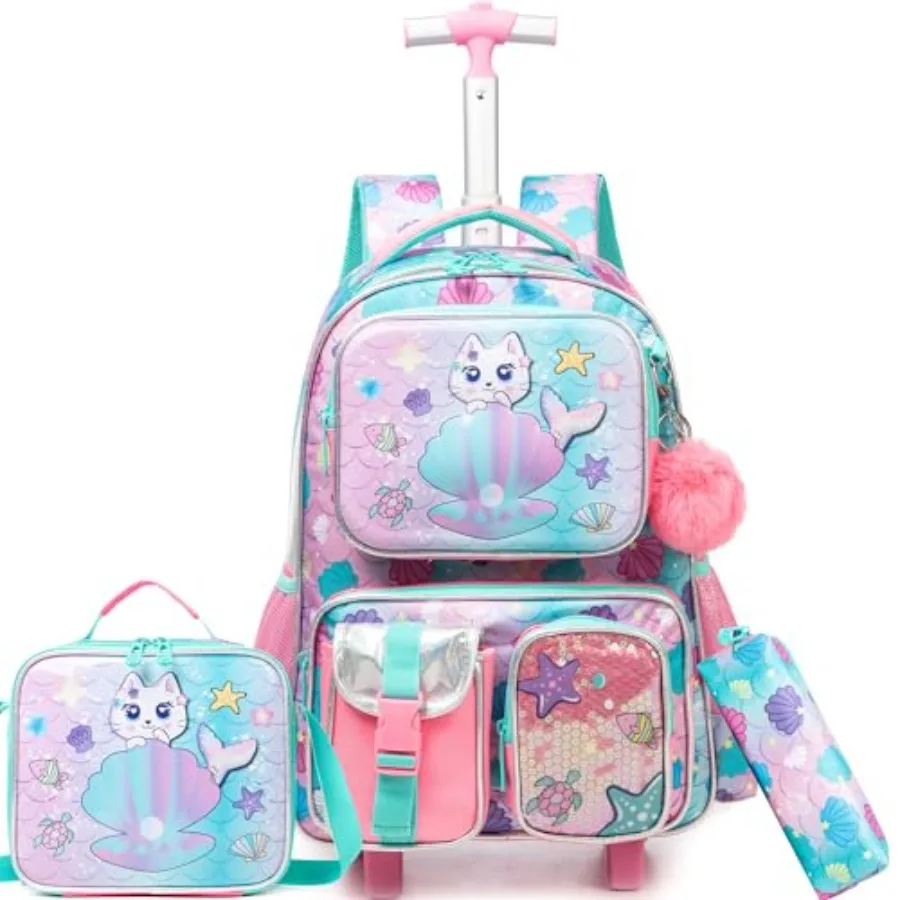 Cute Cat Rolling Backpack with Wheels for Girls Rolling Backpacks with Lunch Box for Elementary School Students 3 in 1 Travel L 1