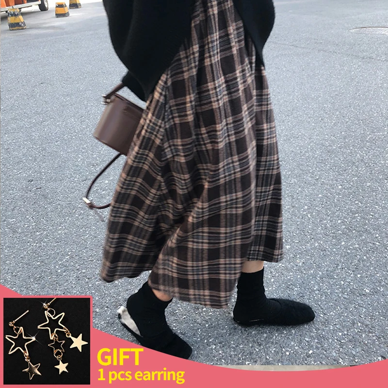 2022 Spring Autumn Korean Women Skirts Plaid Style Loose High Waist Midi A-line Skirt Fashion Streetwear Harajuku Woman Clothing silk skirt