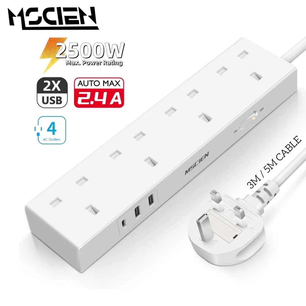 Mscien Uk Plug Ac Outlet Power Strip White Smart Home Extension Cord
