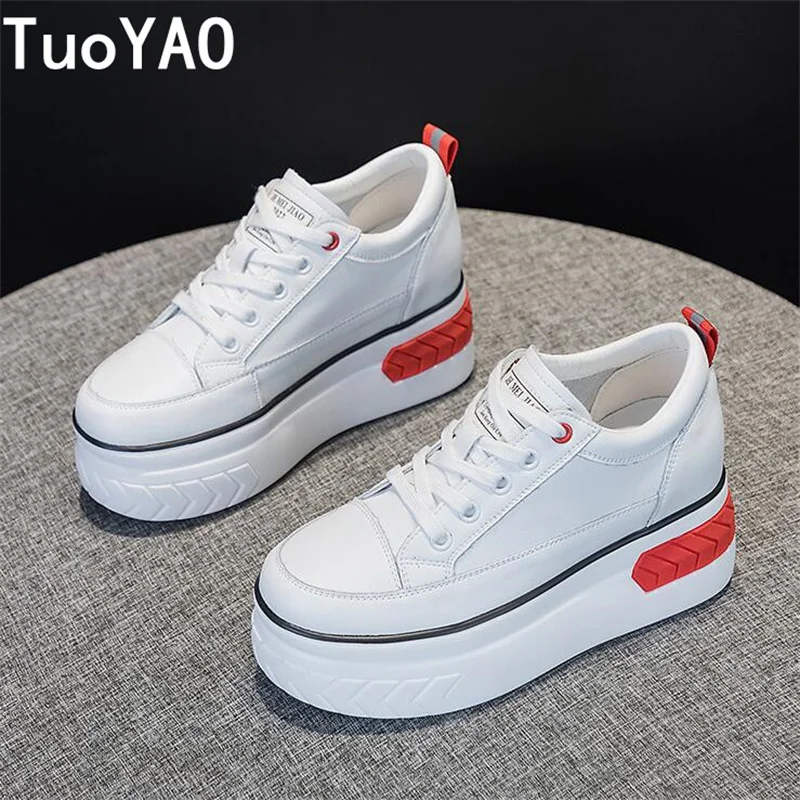 Women 8CM Genuine Leather Hidden Heel Platform Wedge Chunky Sneakers