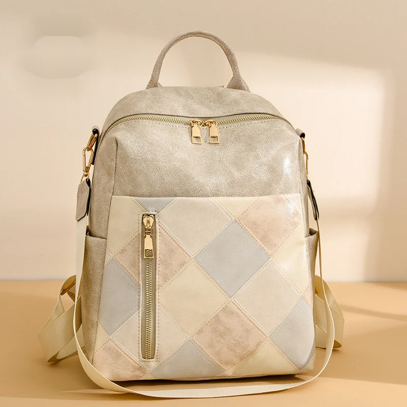 Women's New European And American Retro Women's Backpack PU Soft Leather Fashionable Diamond Grid Multifunctional Travel Backpack_voghion.com