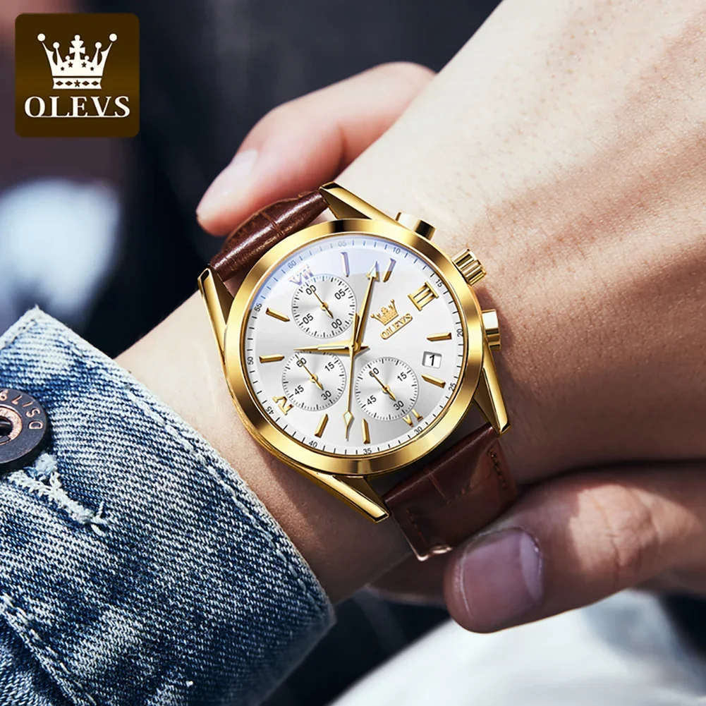 OLEVS 2872 Quartz Multifunctional Exquisite Men Wristwatches, PU Strap Sport Waterproof Watches For Men Luminous Chronograph 5
