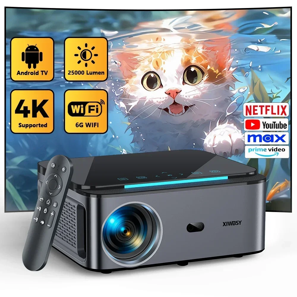 XIWBSY 4K 안드로이드 프로젝터 25000루멘 800ANSI 자동 초점/키스톤 블루투스 프로젝터 홈 시어터 Proyecto..