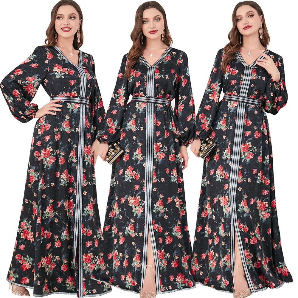 

Ramadan Women Print Abaya Muslim Long Dress Islamic Moroccan Jilbab Arab Gown Indian Dress Women