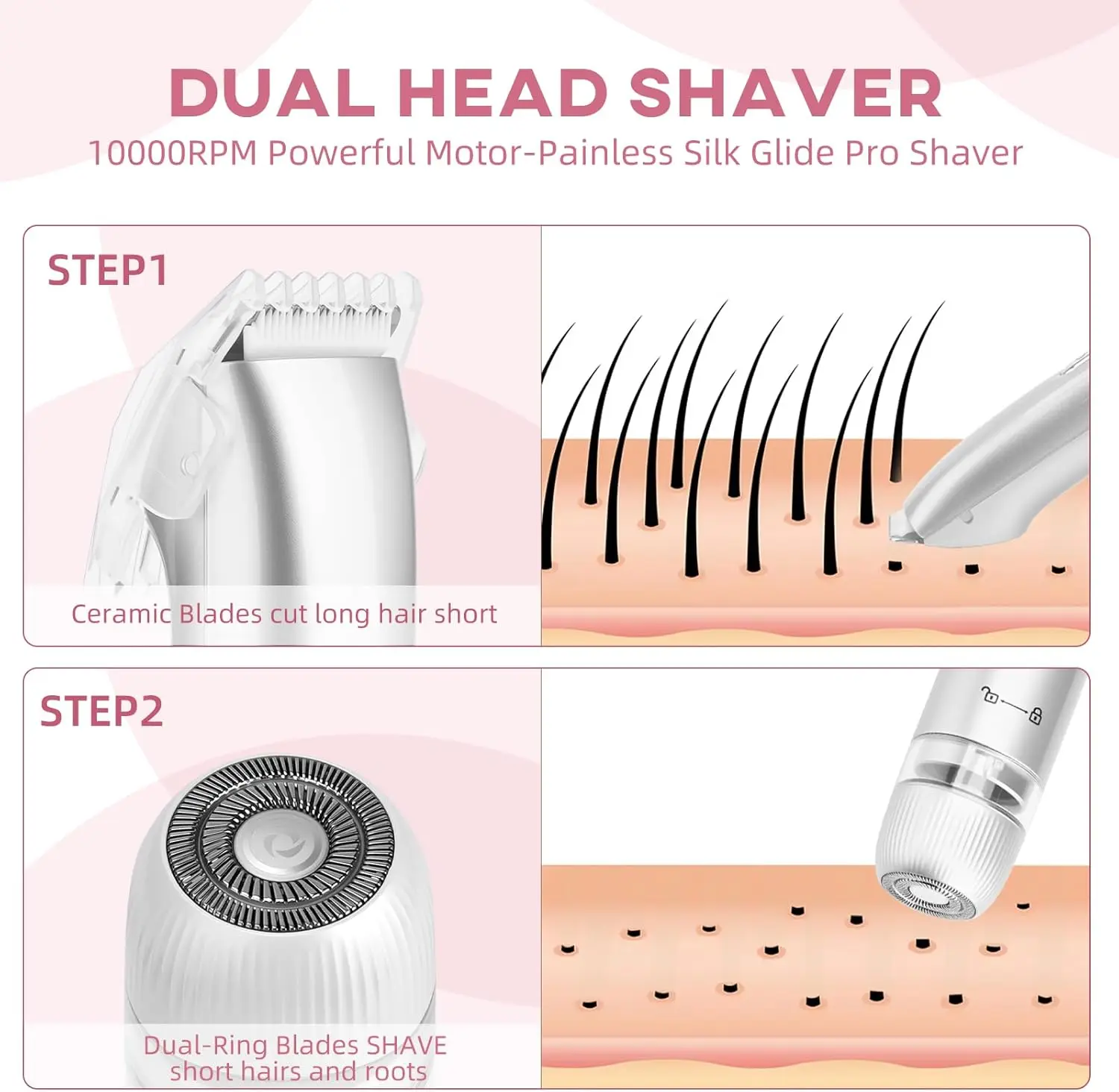 2 in 1 Electric Women Shaver Dual Head Bikini Trimmer Waterproof Wet Dry Use Facial Hair Remover for Underarm Leg Arm Body Face