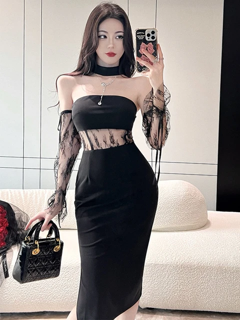 Novo verão vestido de noite feminino chique preto ver através do peito sexy  embrulho magro midi vestidos de festa robe mujer vestidos fiest - AliExpress