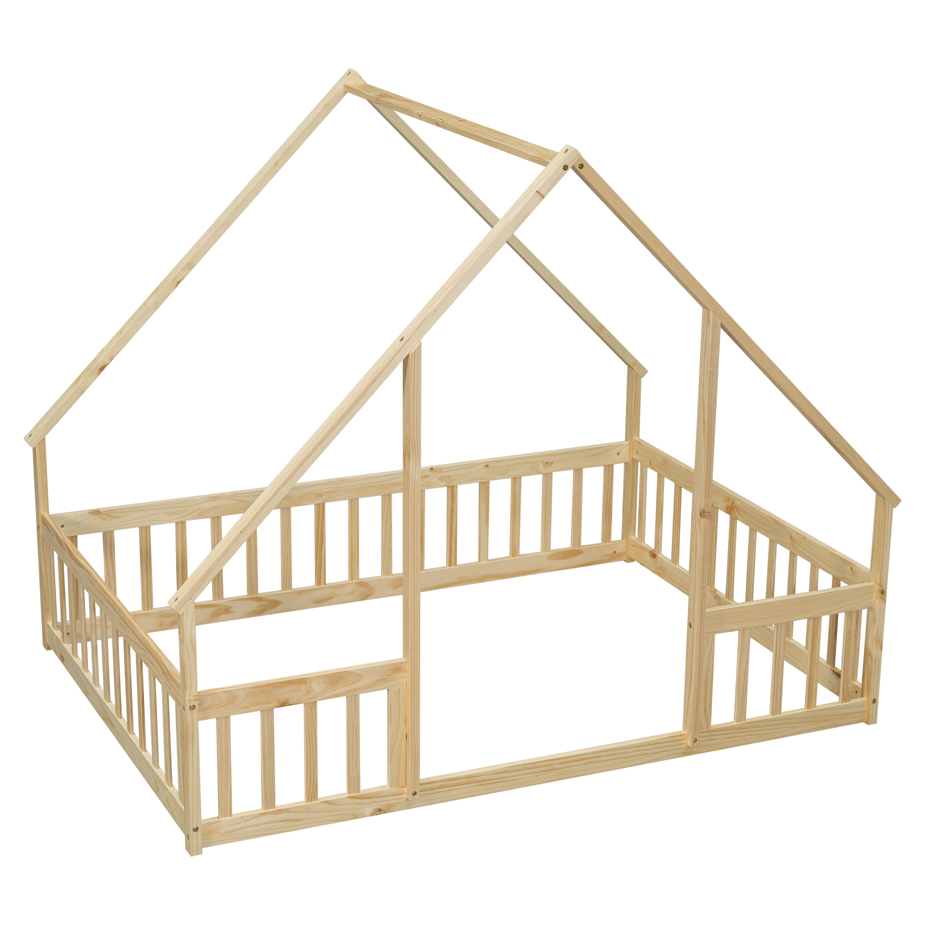 Twin Wood House-Shaped Floor Bed with Fence, Guardrails 3