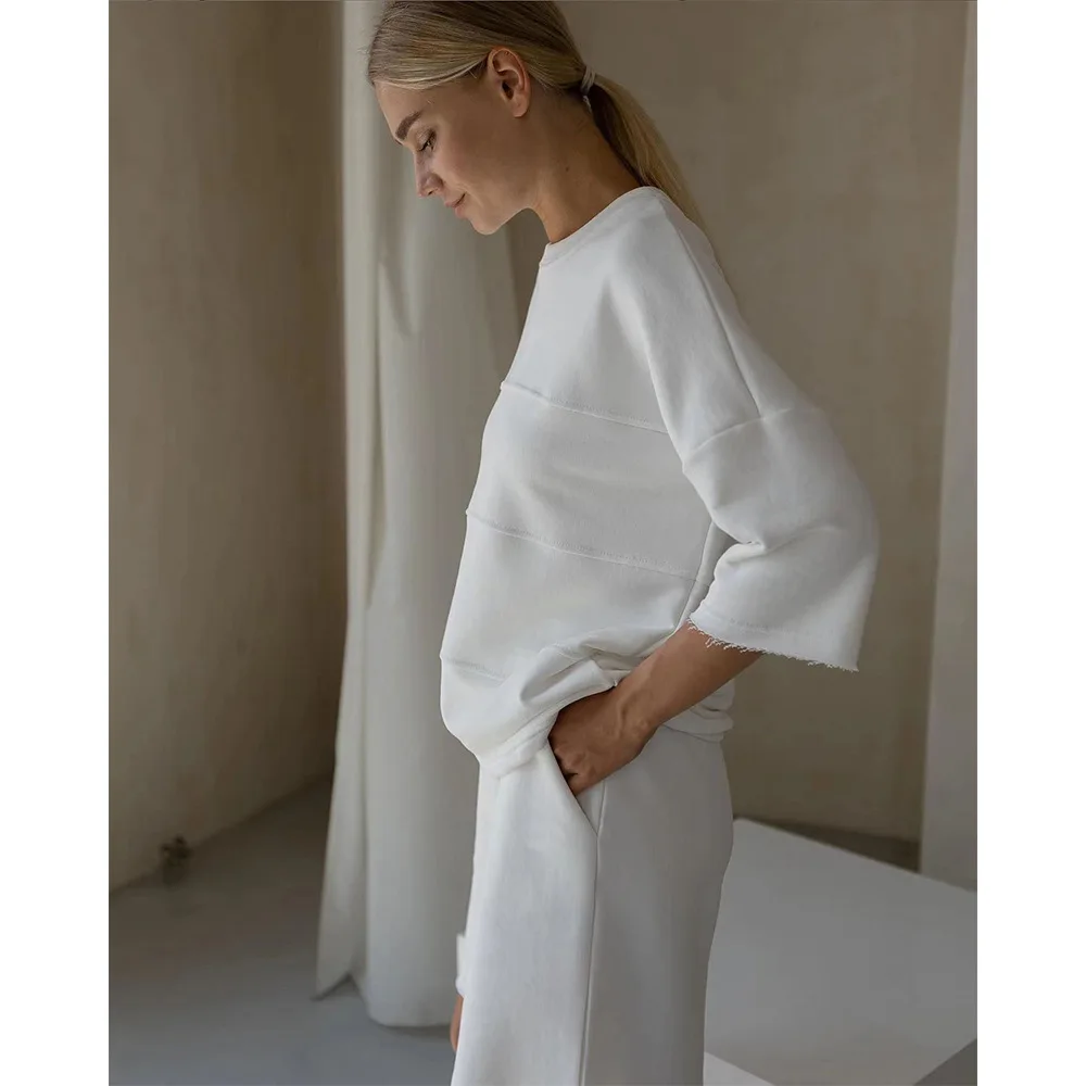 Summer 100% Cotton Solid Color T-Shirt Shorts Set Women's Sports Two Piece Set Loose Spliced T-Shirt+Sports Shorts Set