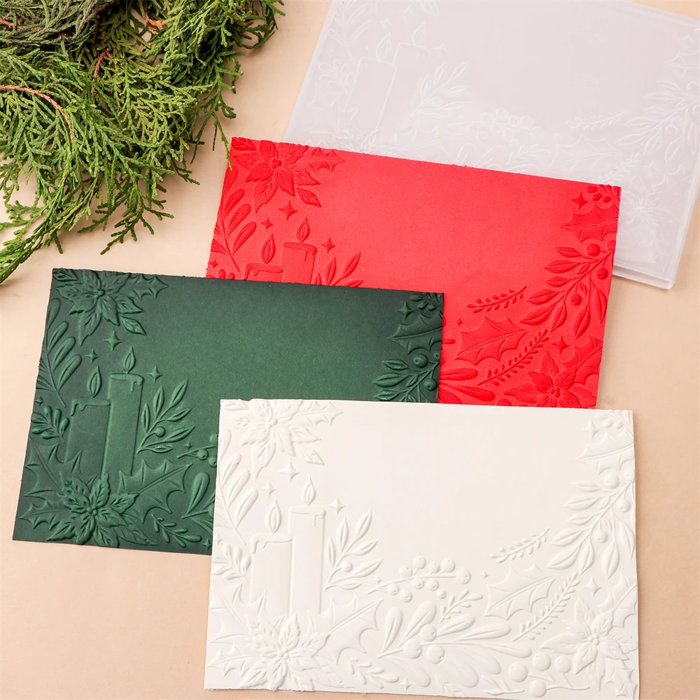 1pc 3D Embossing Folder Holly Poinsettia Pinecone Leaves with Candles Patterm for DIY Christmas Theme Scrapbooking Paper Crafts plastic embossing folder embossing folder