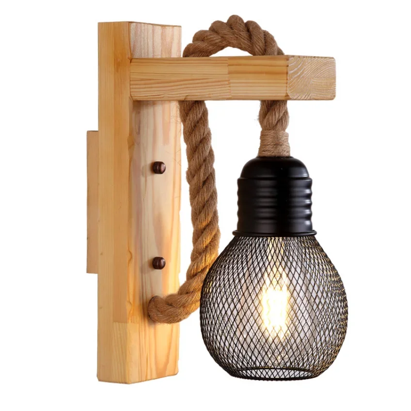 Wall Light Vintage Wood Hemp Rope Wall Lamps Fixture Retro Hallway Bedside Loft Light Luminaire Industrial American Decor Lighting Wooden wall light