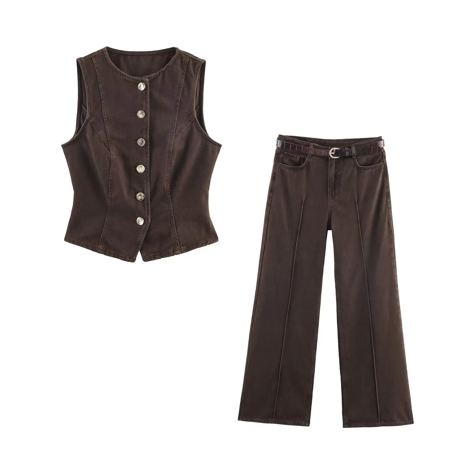 Women Straight Leg Pants Denim Pants Sets Or Female O-Neck Single Breasted Denim Vest Tops Or Lady High Waist Wide Leg Trousers