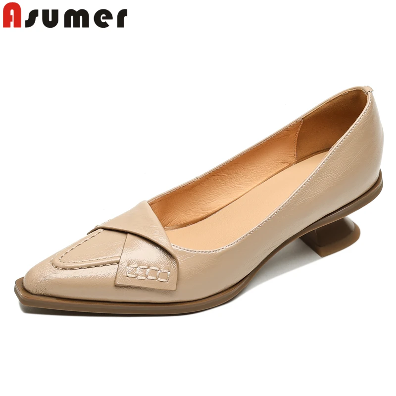 

ASUMER Size 34-40 New 2024 Genuine Leather Mid Heels Shoes Pointed Toe Basic Pumps Spring Summer Office Dress Shoes