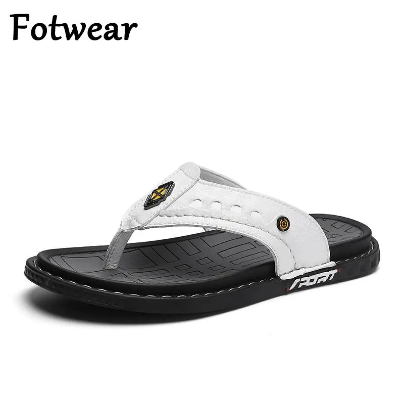 

Breathable Men Slippers Summer Lightweight Flip Flops Genuine Leather Flat Mens Sneakers Handmade Sewing Outdoor Casual Shoes