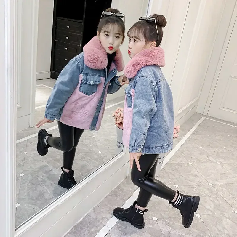 

Children's Clothing Girls' Denim Patchwork Fur Collar Coat Plush Thickened Warm Single Breasted Causal Korean Winter 5-12 Yrs