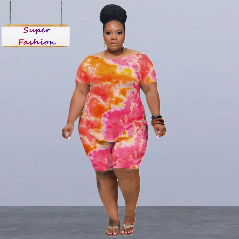 5xl 섹시한 V 넥 레이스 업 크롭 탑과 미디 랩 스커트 세트, 플러스 사이즈 여성용 투피스 정장, 주름 프린트, 도매 및 드롭 배송 가능 11 플러스 사이즈 여성 의류 두 조각 세트 Xl-4Xl 여름 2022 패션 캐주얼 타이 염색 반소매 짧은 복장