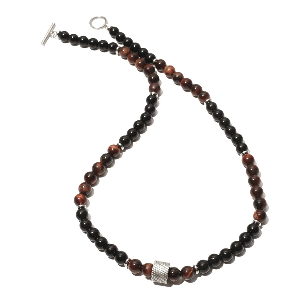 

8mm Natural Stone Tiger Eyes Black Onyx Bead Necklace Stainless Steel Beaded Charm Choker Neck Chain Fashion Men Jewelry 45/55CM