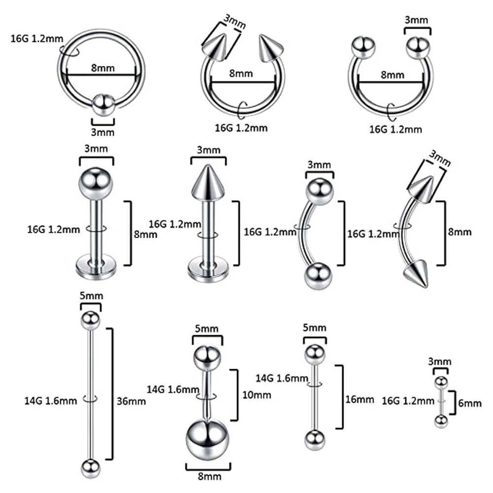 Stainless Steel Body Piercing Kit Needles Belly Button Rings Tongue Tragus Cartilage Helix Daith Rook Earring Lip Eyebrow