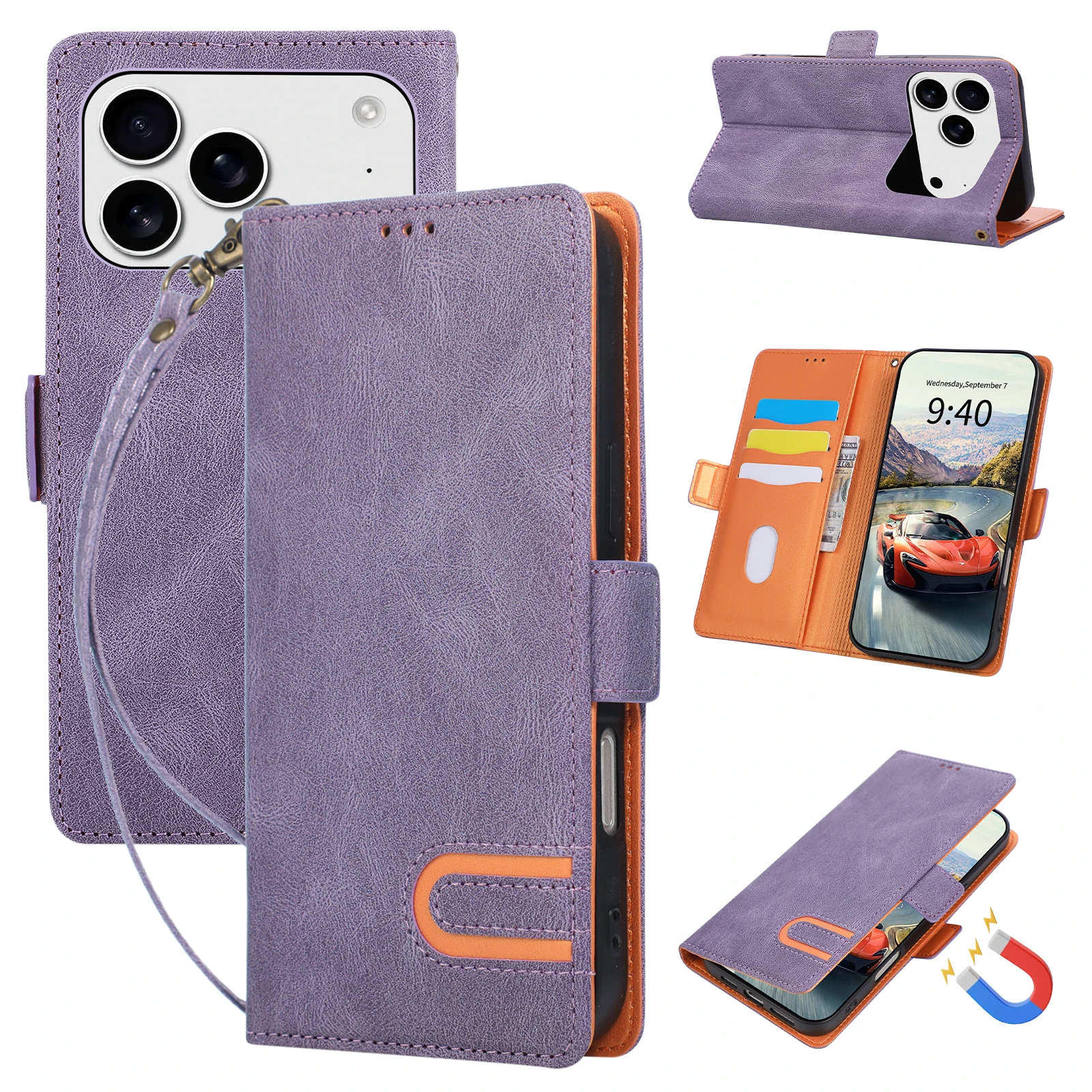 Leather U-Shaped Lanyard Wallet Phone Case with Shockproof Wrist Flip Cover and Card Slots