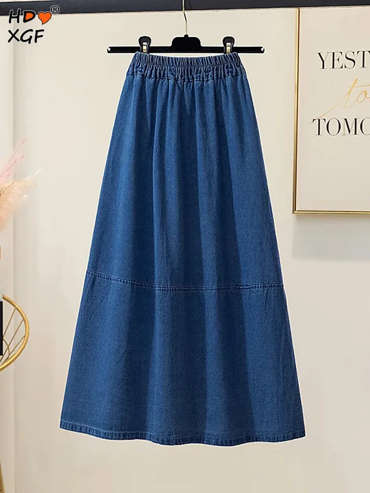 

Korean Fashion Solid Color Denim Skirt Womens Elastic High Waist Pleated Midi Skirts New Summer 3 Color Loose Stretch Jean Skirt