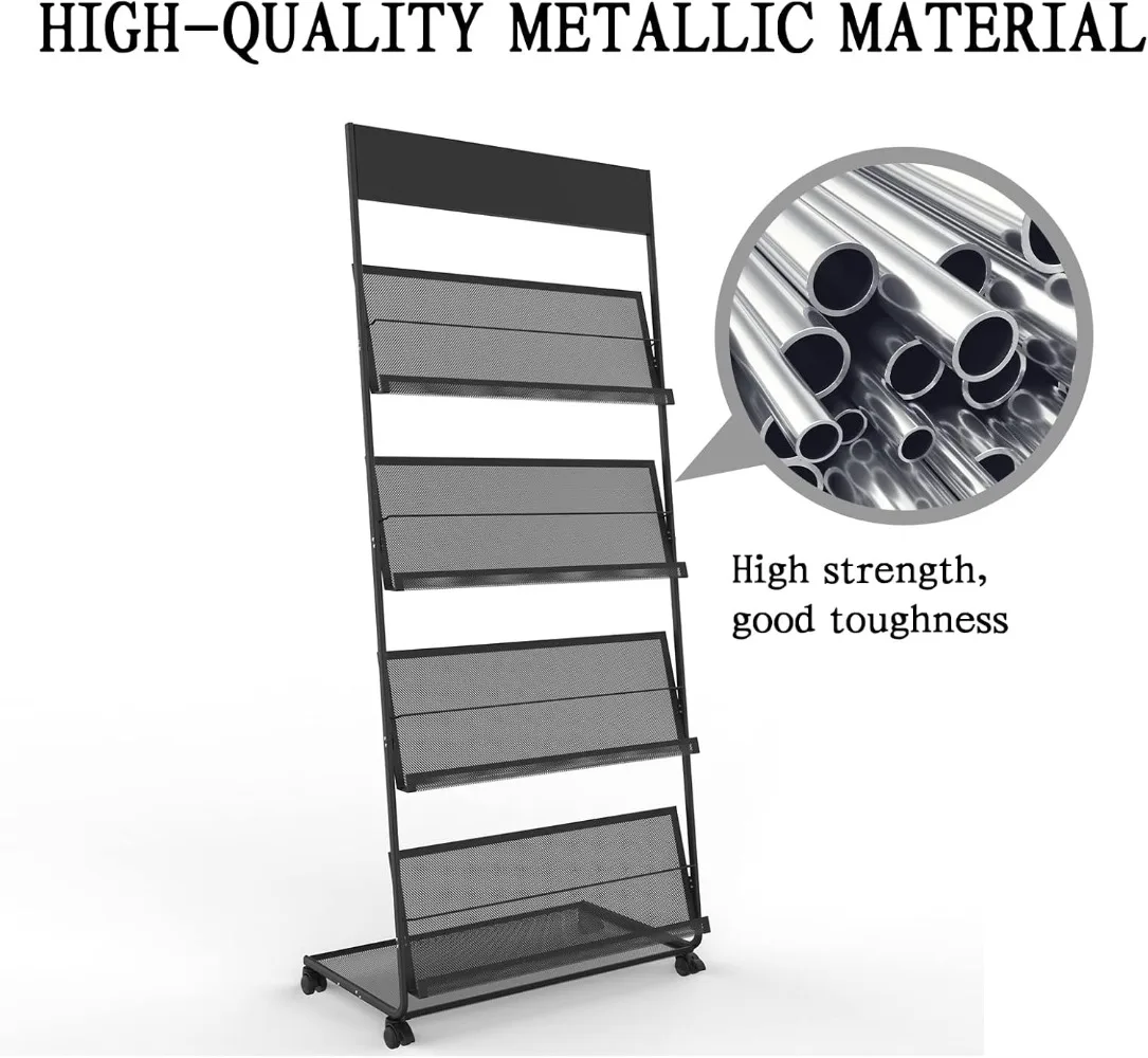 Magazine Rack,Floor-Standing 4-Layer with Wheels,Brochure Display Stand,High-hardness metal for Exhibitions, Office 5