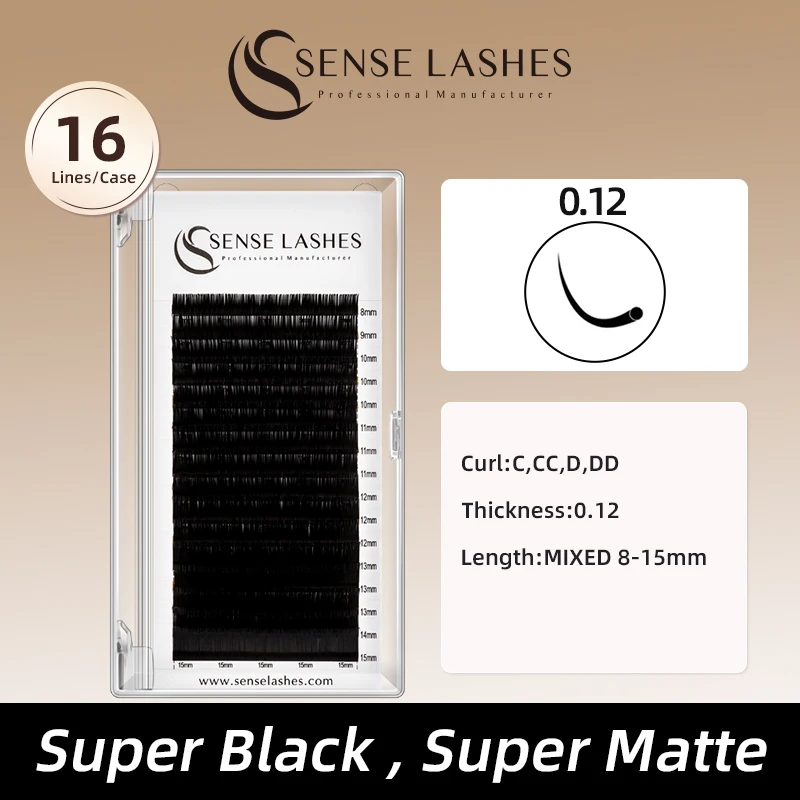 Sense Wholesale 0.12MM Premium Classic Eyelash Extension 16Rows Korea PBT Fiber C/CC/D/DD Individual Supplies Lashes