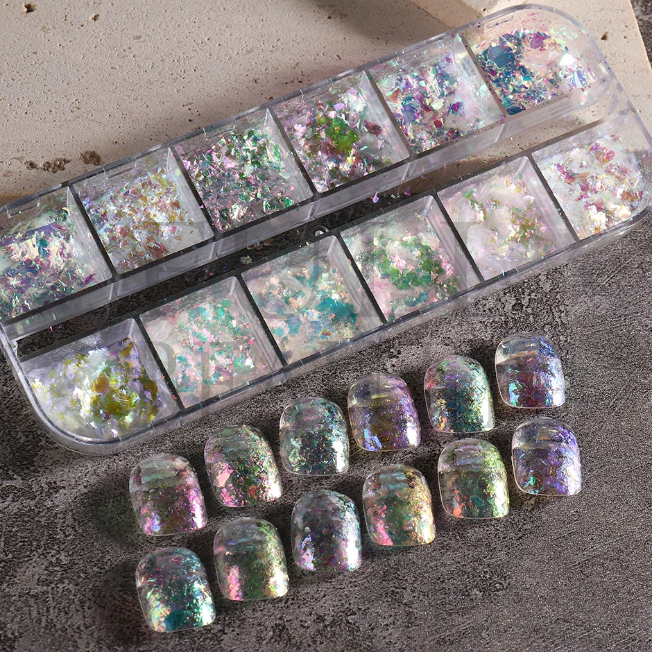 12 Grids Iridescent Nails Aurora Glitter Crystal Fire Flakes Holographic Sparkle Sequins Charms Gel Polish Manicure Flash CHJDP
