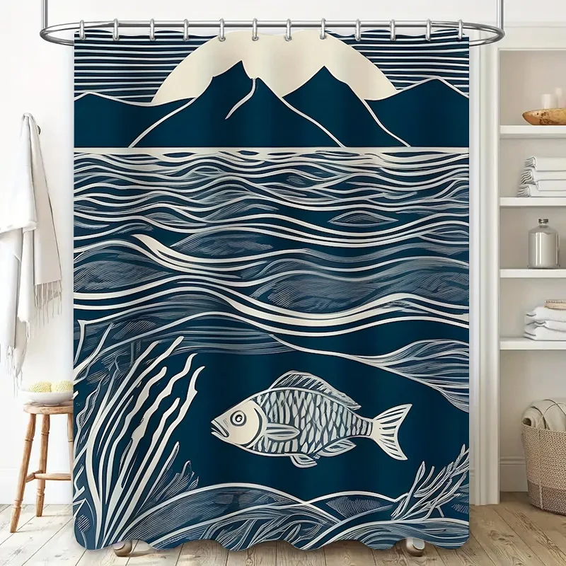 Modern Artistic Blue and White Fish and Mountain Pattern Waterproof Shower Curtain for Stylish Bathroom Decor, Easy Instal 5
