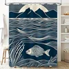 Modern Artistic Blue and White Fish and Mountain Pattern Waterproof Shower Curtain for Stylish Bathroom Decor, Easy Instal 5