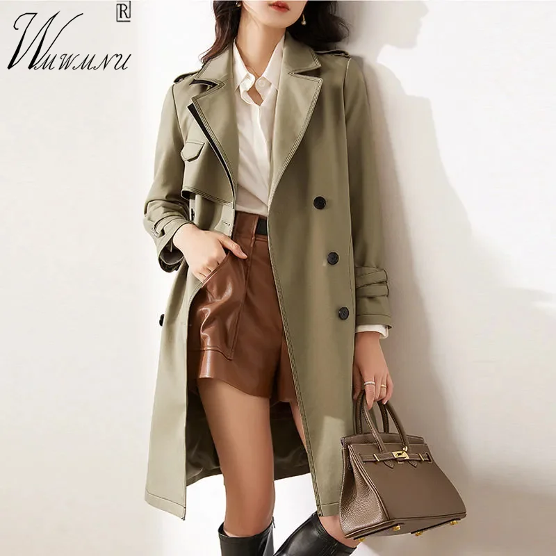 

High Quality Belt Trench Coat Women Korean Style Mid Length Double Breasted Windbreaker Elegant Suit Collar Manteau Femme