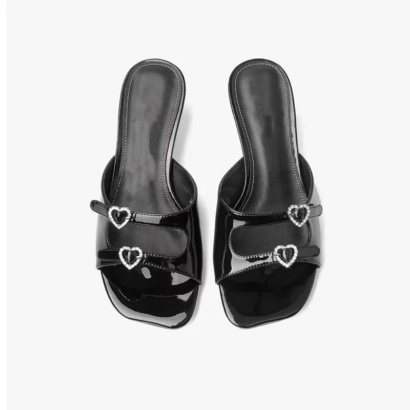 New European and American Fashion Open Toe Water Diamond Love Small Solid Color Square Headed Thick Heel Women's Sandals