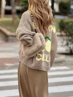 Women's fashionable casual long sleeved button sweater cardigan soft and comfortable loose lantern sleeve lemon knit sweater - Image 5