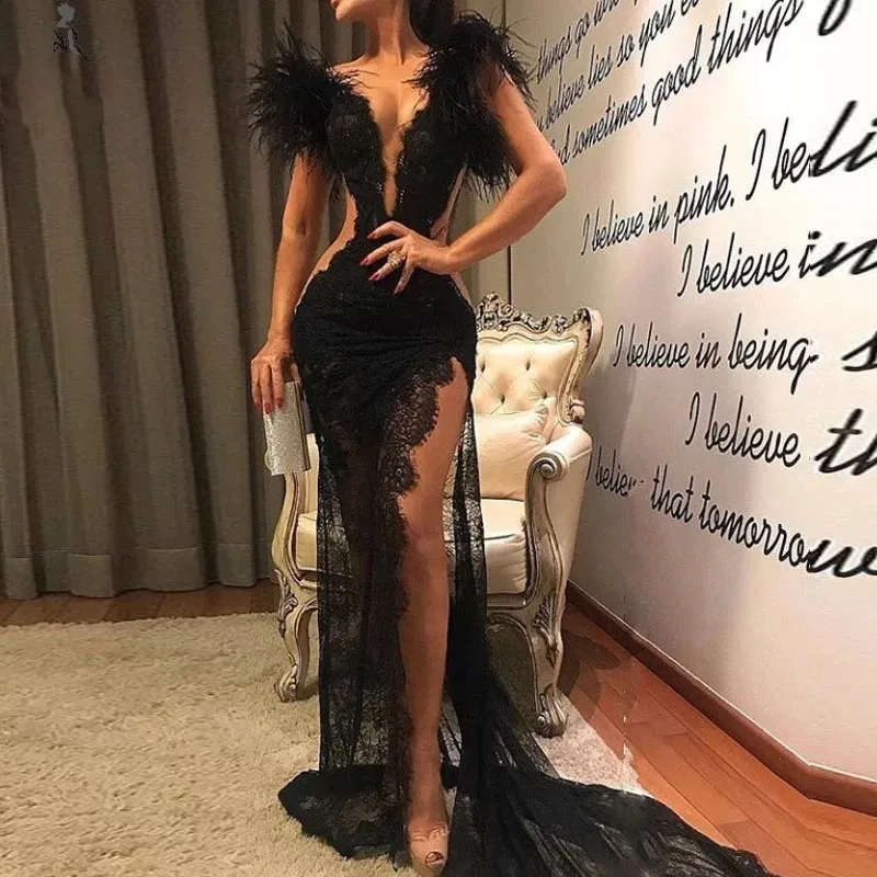 

Sexy Side High Split Prom Dresses 2022 Deep V-Neck Lace Feathers Pleat Formal Evening Party Gown For Women Tulle Sweep Train