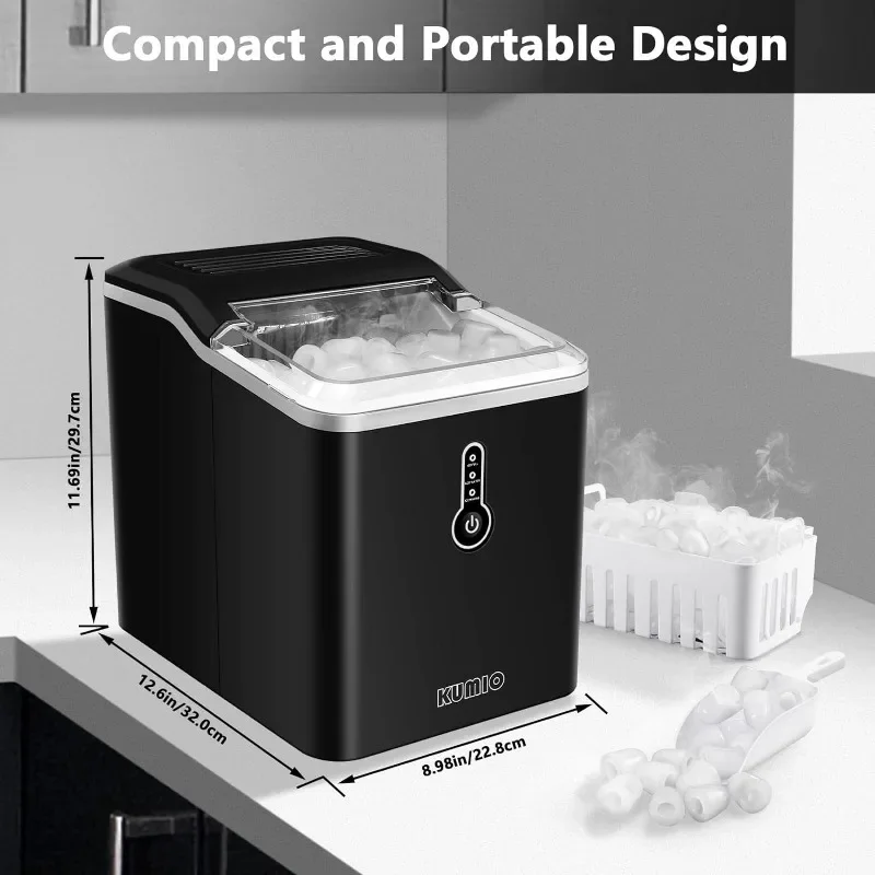 KUMIO Ice Makers Countertop, 9 Thick Bullet Ice Ready in 6-9 Mins, 26.5 Lbs in 24Hrs, Portable Maker with Scoop