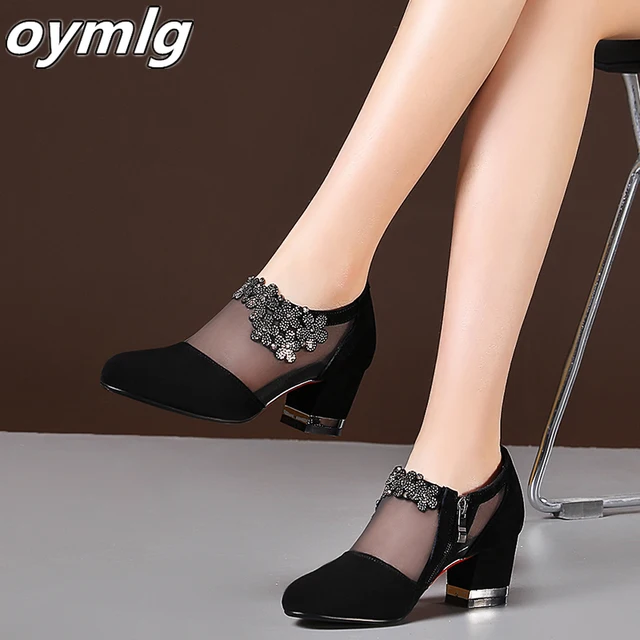 Summer Women High Heel Shoes Mesh Breathable Pumps Zip Pointed Toe Thick Heels Fashion Female Dress Shoes Elegant Footwear 2