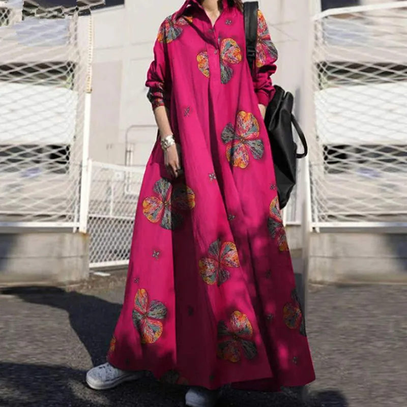 2024 Muslim Women's Clothing Spring New Elegant Abaya Printing Cotton Hemp Retro Ethnic Robe Loose Long Sleeved Large Hem Dress