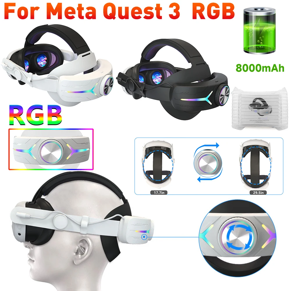 LED RGB Adjustable VR Headset Strap Bundle for Meta Quest 3 w/Battery  8000mAh