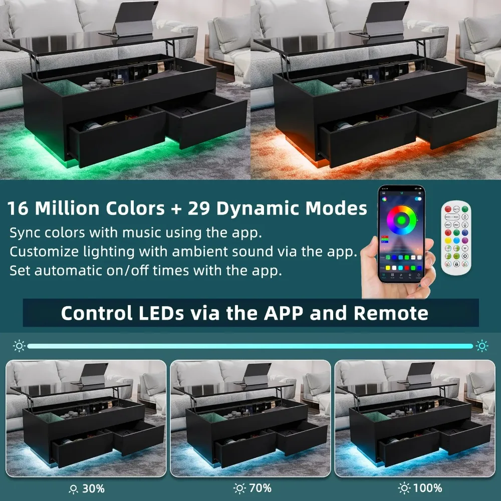 LED Lift Top Coffee Table with Storage Modern Coffee Tables for Living Room Rectangle High Gloss Center Table with 2 Drawers 4