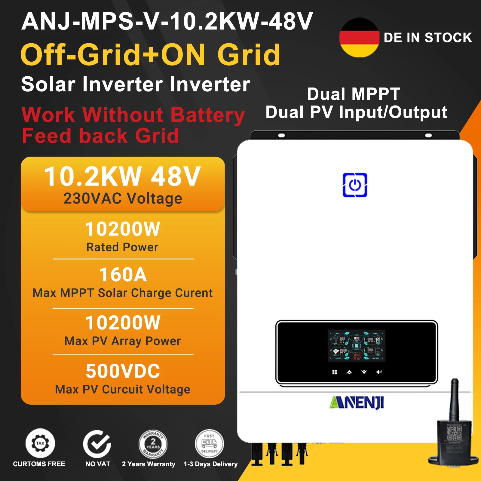 10.2Kw Inverter Solare Ibrido 2.2Kw 48V 230V Onda Sinusoidale Pura Inverter Off Grid Pv 500V 160A Doppio Caricatore Solare Mppt Doppia Uscita Pv