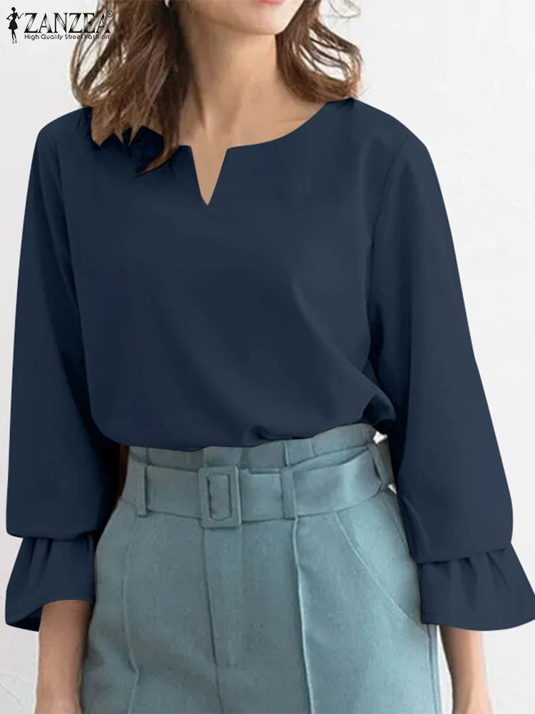 

ZANZEA Casual Loose 2024 Spring Shirt Women Office Solid Blouse Fashion Flare 3/4 Sleeve Tops Vintage V-Neck Party Tunic Blusas