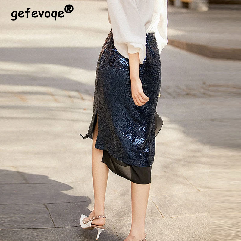 2023 high quality spring autumn grey natural wool stripes chic appliques corset tube top side slip mini skirt set lady Women's Korean Fashion Sequins Elegant Chic High Waist Midi Skirt Office Lady Casual Commuter Slim A-Line Skirts Ropa Para Mujer