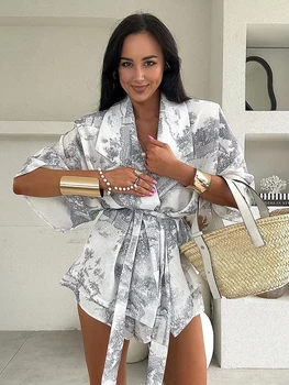 Marthaqiqi Printing Female Sleepwear Set Long Sleeve Pajama Lace Up Nightie Turn-Down Collar Nightwear Shorts Casual Pyjama Suit