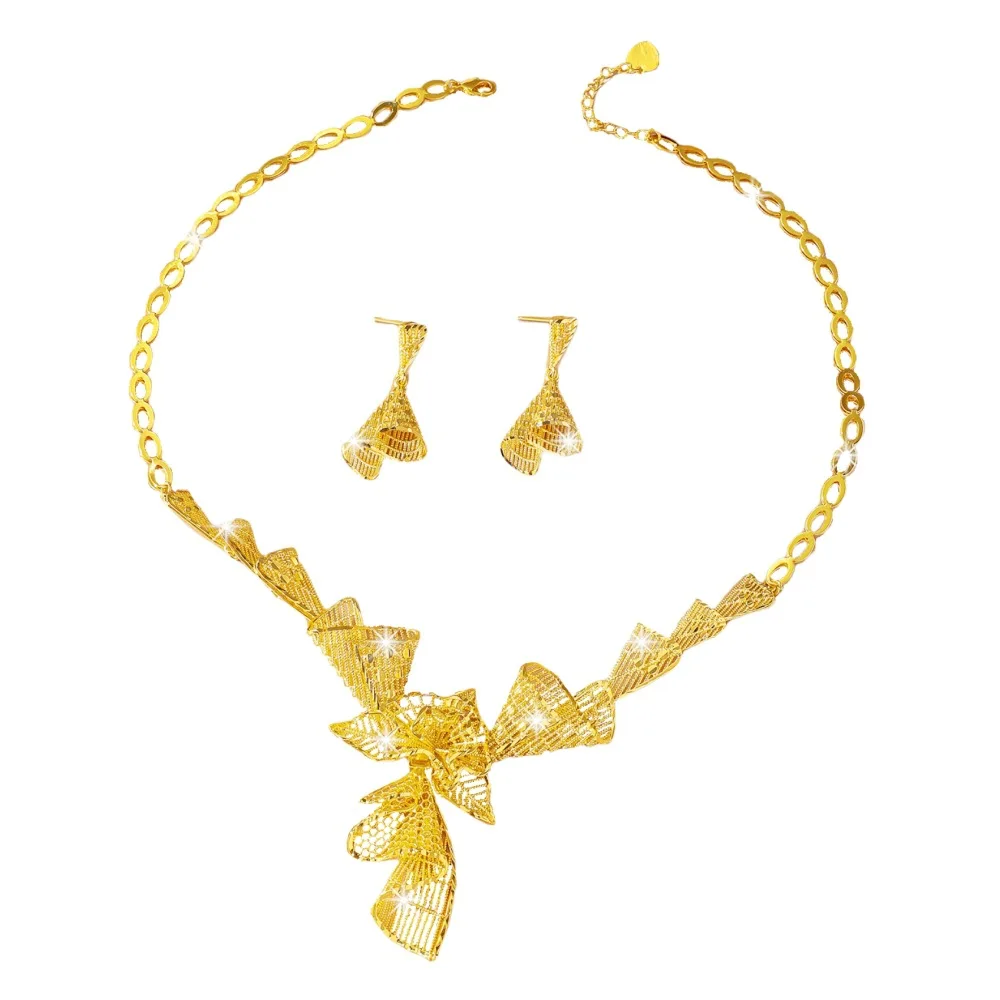Middle East Cross-border Bride Unique Flowers 24K 9999 Real Gold Necklace Women's Earring Set Light Luxury Wedding Set Chain